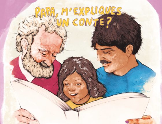 Ilustración abuelo y padre explicando cuento a su hija. L'hora lliure crea actividades coeducación