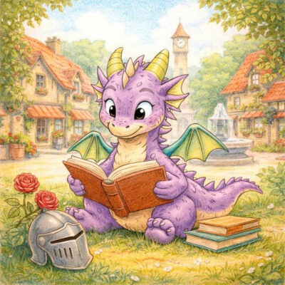 drac lector a la plaça del poble en el dia de sant jordi, celebrant sant jordi feminista